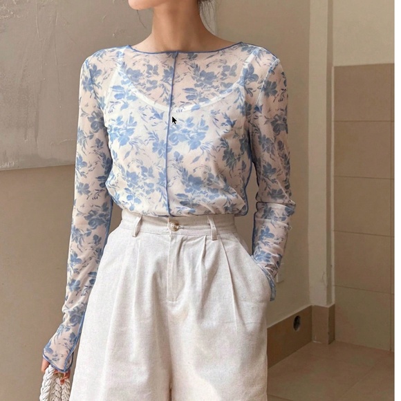 Blue Floral Sheer Long Sleeve Tee - Picture 6 of 6